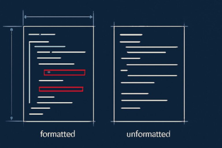 Editorial illustration in blueprint-schematic style depicting a Bundle diff formatted vs unformatted with meaningful change highlighted