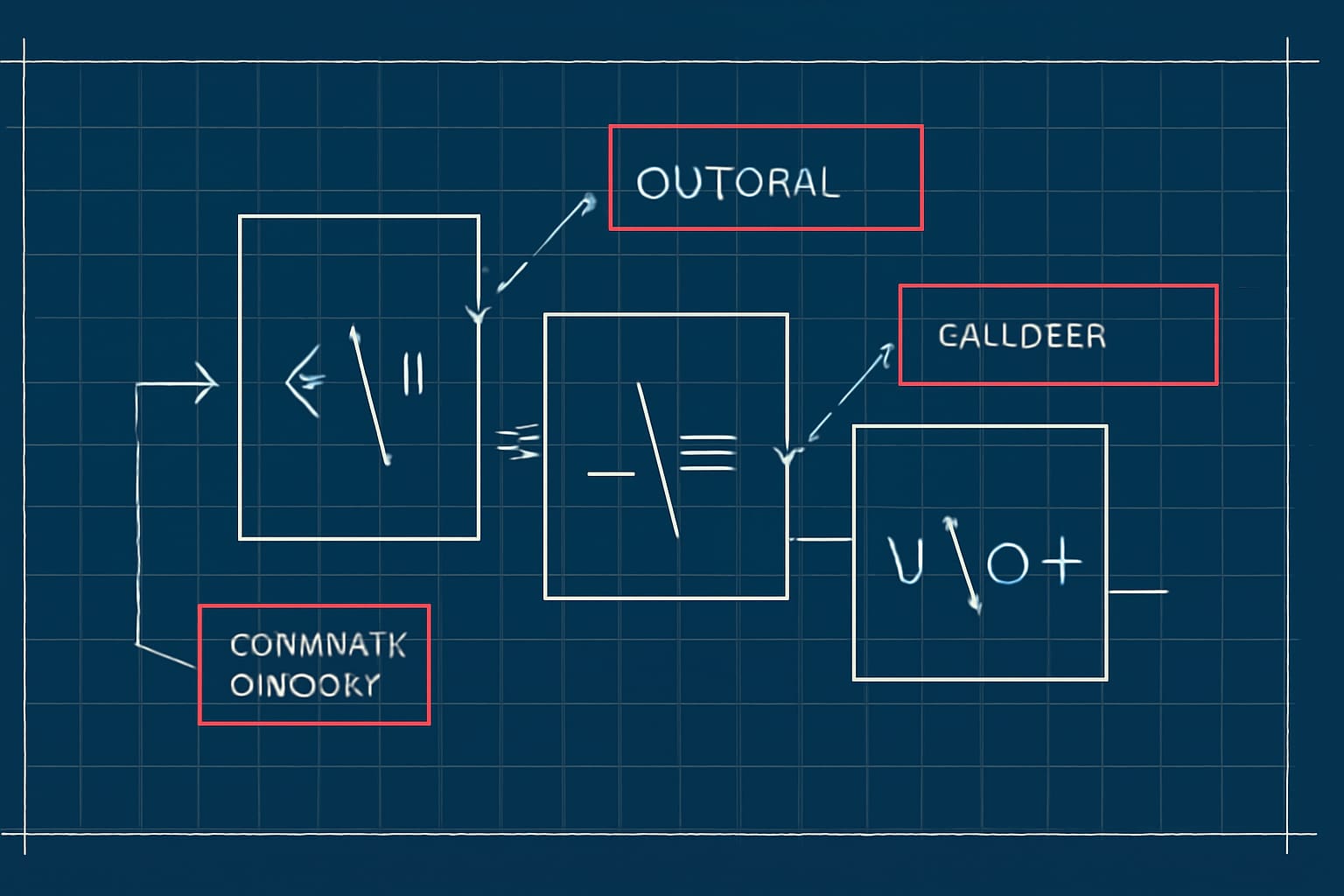 Editorial illustration in blueprint-schematic style depicting JSON escape sequence handling with required, optional, and unicode escape categories
