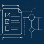 Editorial illustration in blueprint-schematic style depicting a formatter-convention checklist with editor config, pre-commit hook, and CI enforcement