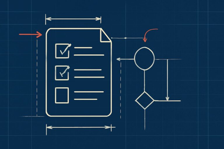 Editorial illustration in blueprint-schematic style depicting a formatter-convention checklist with editor config, pre-commit hook, and CI enforcement