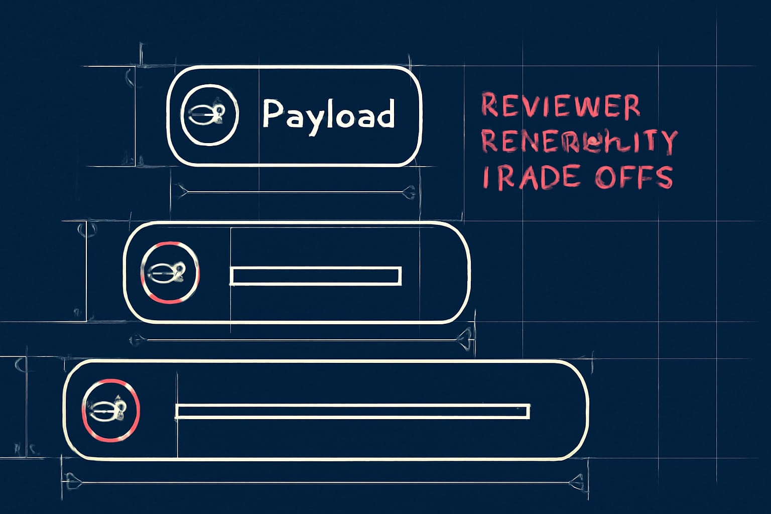 Editorial illustration in blueprint-schematic style depicting a Bundle rendered at three line-length caps with reviewer readability trade-offs